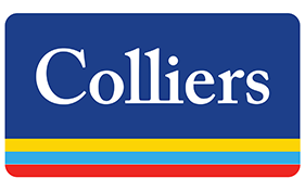 BOMA BEST - Text logo displaying the word "Colliers" in white on a blue rectangle with a thin yellow stripe at the bottom, evoking a sense of home and sustainable excellence reminiscent of BOMA BEST standards.