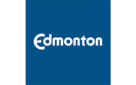 BOMA BEST - Blue square with the word "Edmonton" in white, featuring a stylized lowercase 'e' connected to the 'd', symbolizing a sense of home. It's reminiscent of BOMA BEST standards in design and sustainability.
